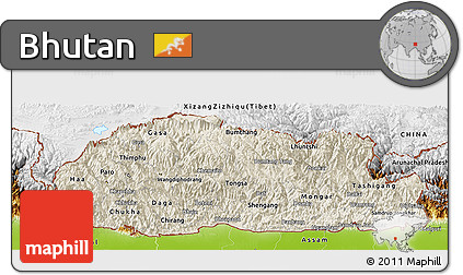 Shaded Relief Panoramic Map of Bhutan, physical outside