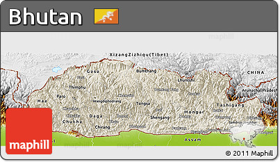 Shaded Relief Panoramic Map of Bhutan, physical outside