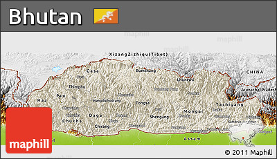 Shaded Relief Panoramic Map of Bhutan, physical outside