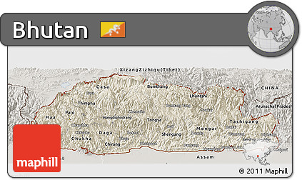 Shaded Relief Panoramic Map of Bhutan, semi-desaturated
