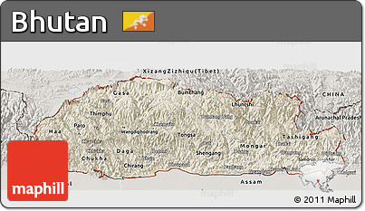 Shaded Relief Panoramic Map of Bhutan, semi-desaturated