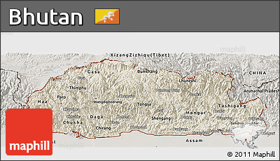 Shaded Relief Panoramic Map of Bhutan, semi-desaturated