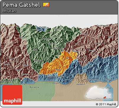 Political 3D Map of Pema Gatshel, semi-desaturated