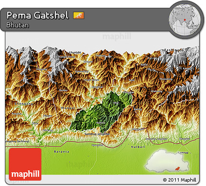 Satellite 3D Map of Pema Gatshel, physical outside