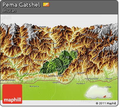 Satellite 3D Map of Pema Gatshel, physical outside