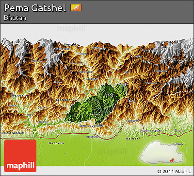 Satellite 3D Map of Pema Gatshel, physical outside