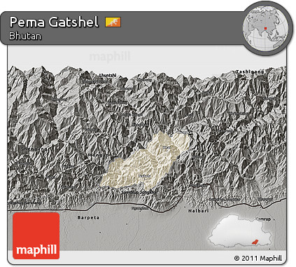 Shaded Relief 3D Map of Pema Gatshel, darken, semi-desaturated