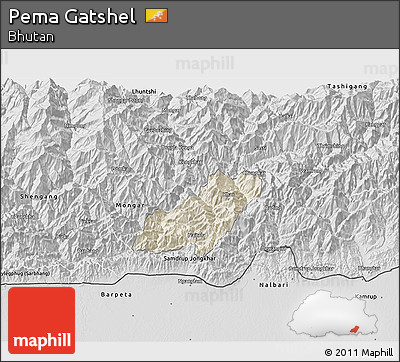 Shaded Relief 3D Map of Pema Gatshel, desaturated