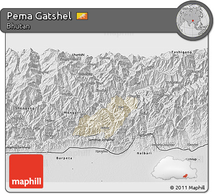 Shaded Relief 3D Map of Pema Gatshel, desaturated