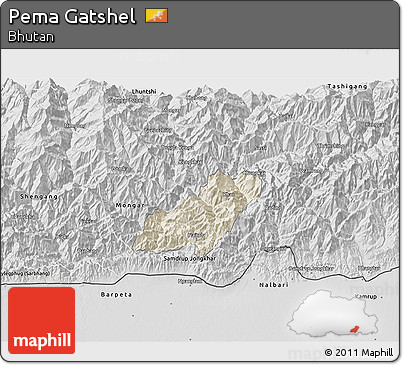 Shaded Relief 3D Map of Pema Gatshel, desaturated