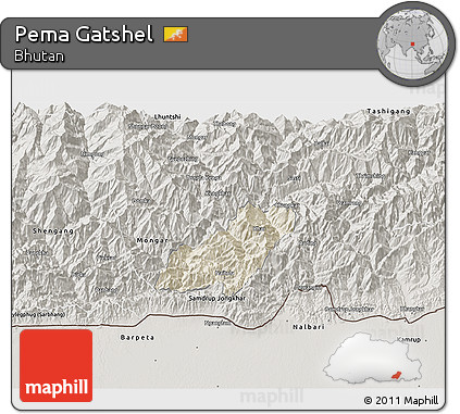 Shaded Relief 3D Map of Pema Gatshel, semi-desaturated