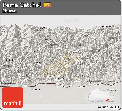 Shaded Relief 3D Map of Pema Gatshel, semi-desaturated