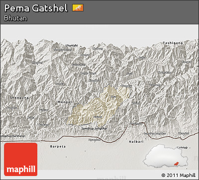 Shaded Relief 3D Map of Pema Gatshel, semi-desaturated
