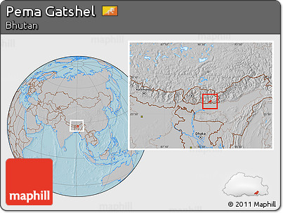 Gray Location Map of Pema Gatshel, within the entire country, hill shading