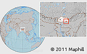 Gray Location Map of Pema Gatshel, highlighted country, within the entire country, hill shading