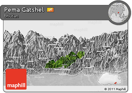 Satellite Panoramic Map of Pema Gatshel, lighten, desaturated