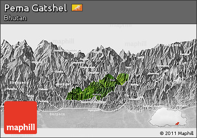 Satellite Panoramic Map of Pema Gatshel, lighten, desaturated