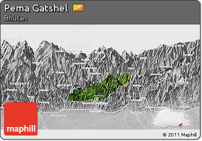 Satellite Panoramic Map of Pema Gatshel, lighten, desaturated