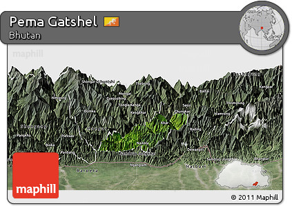 Satellite Panoramic Map of Pema Gatshel, semi-desaturated