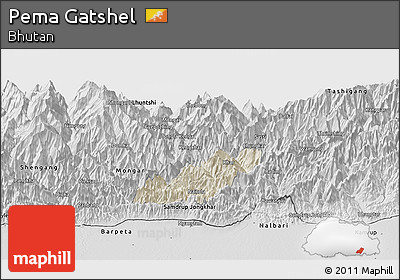 Shaded Relief Panoramic Map of Pema Gatshel, desaturated