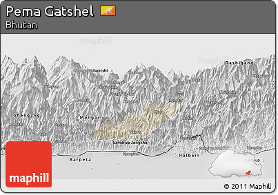 Shaded Relief Panoramic Map of Pema Gatshel, desaturated
