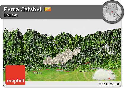 Shaded Relief Panoramic Map of Pema Gatshel, satellite outside