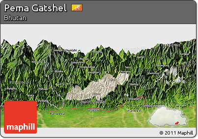 Shaded Relief Panoramic Map of Pema Gatshel, satellite outside