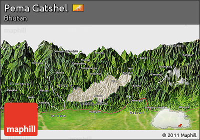 Shaded Relief Panoramic Map of Pema Gatshel, satellite outside