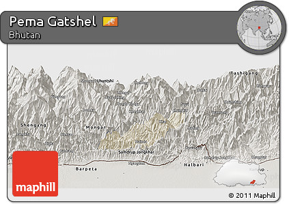 Shaded Relief Panoramic Map of Pema Gatshel, semi-desaturated