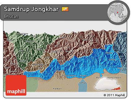 Political 3D Map of Samdrup Jongkhar, semi-desaturated