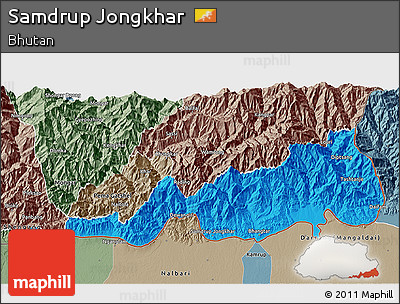Political 3D Map of Samdrup Jongkhar, semi-desaturated