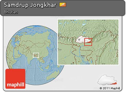 Savanna Style Location Map of Samdrup Jongkhar, highlighted country, hill shading