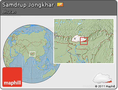Savanna Style Location Map of Samdrup Jongkhar, highlighted country, hill shading