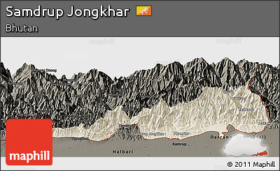 Shaded Relief Panoramic Map of Samdrup Jongkhar, darken