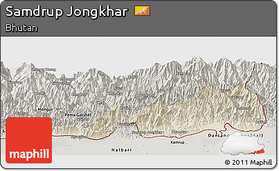 Shaded Relief Panoramic Map of Samdrup Jongkhar, semi-desaturated