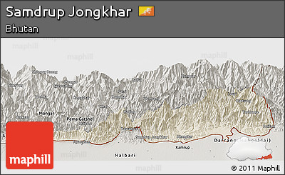 Shaded Relief Panoramic Map of Samdrup Jongkhar, semi-desaturated