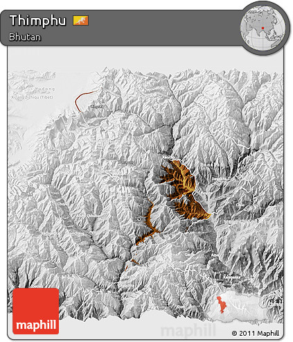 Physical 3D Map of Thimphu, lighten, desaturated