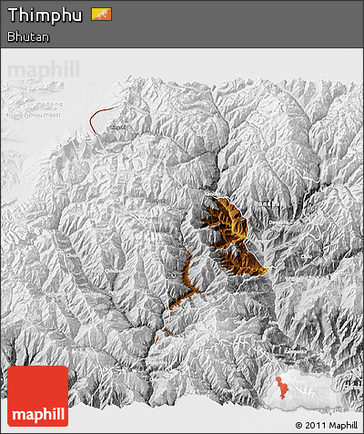 Physical 3D Map of Thimphu, lighten, desaturated