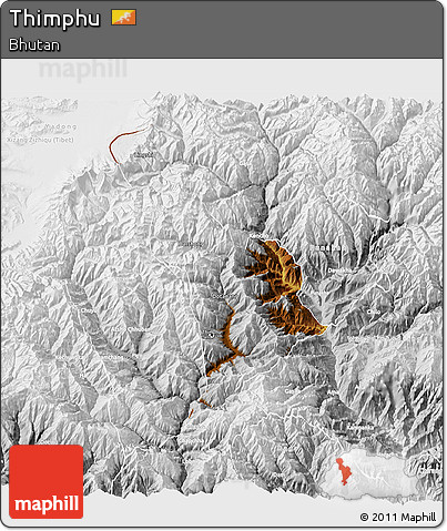 Physical 3D Map of Thimphu, lighten, desaturated