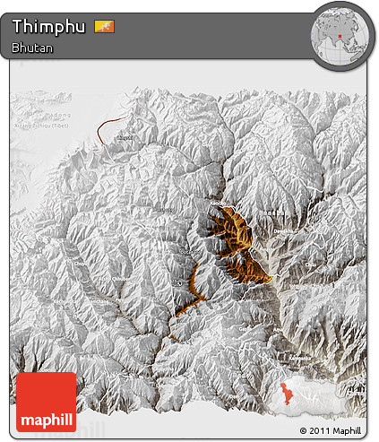 Physical 3D Map of Thimphu, lighten, semi-desaturated