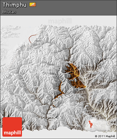 Physical 3D Map of Thimphu, lighten, semi-desaturated
