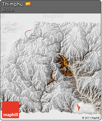 Physical 3D Map of Thimphu, lighten, semi-desaturated
