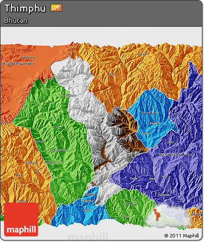 Physical 3D Map of Thimphu, political outside