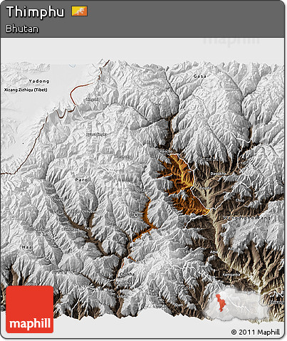Physical 3D Map of Thimphu, semi-desaturated