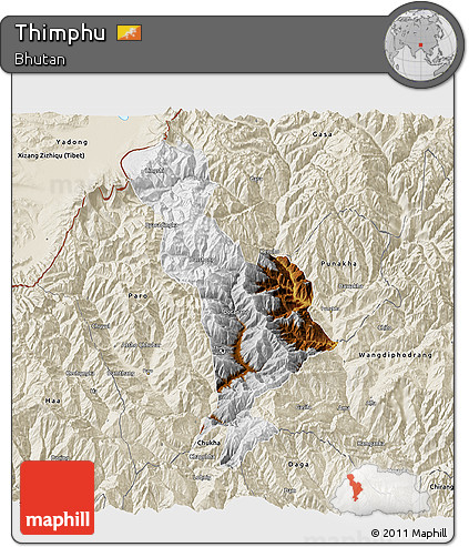 Physical 3D Map of Thimphu, shaded relief outside