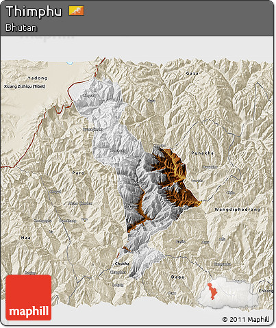 Physical 3D Map of Thimphu, shaded relief outside