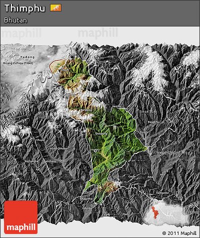 Satellite 3D Map of Thimphu, desaturated