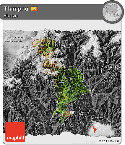 Satellite 3D Map of Thimphu, desaturated