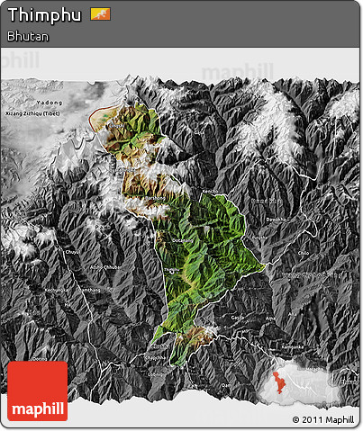 Satellite 3D Map of Thimphu, desaturated