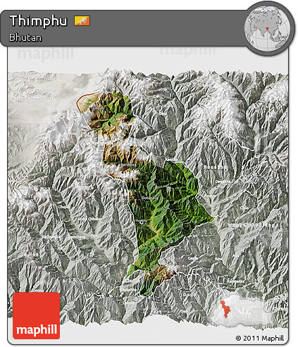 Satellite 3D Map of Thimphu, lighten, semi-desaturated